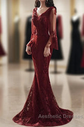 Wine Red Mermaid Long Evening Prom Dresses With Lace, V-Neckline Evening Prom Dresses